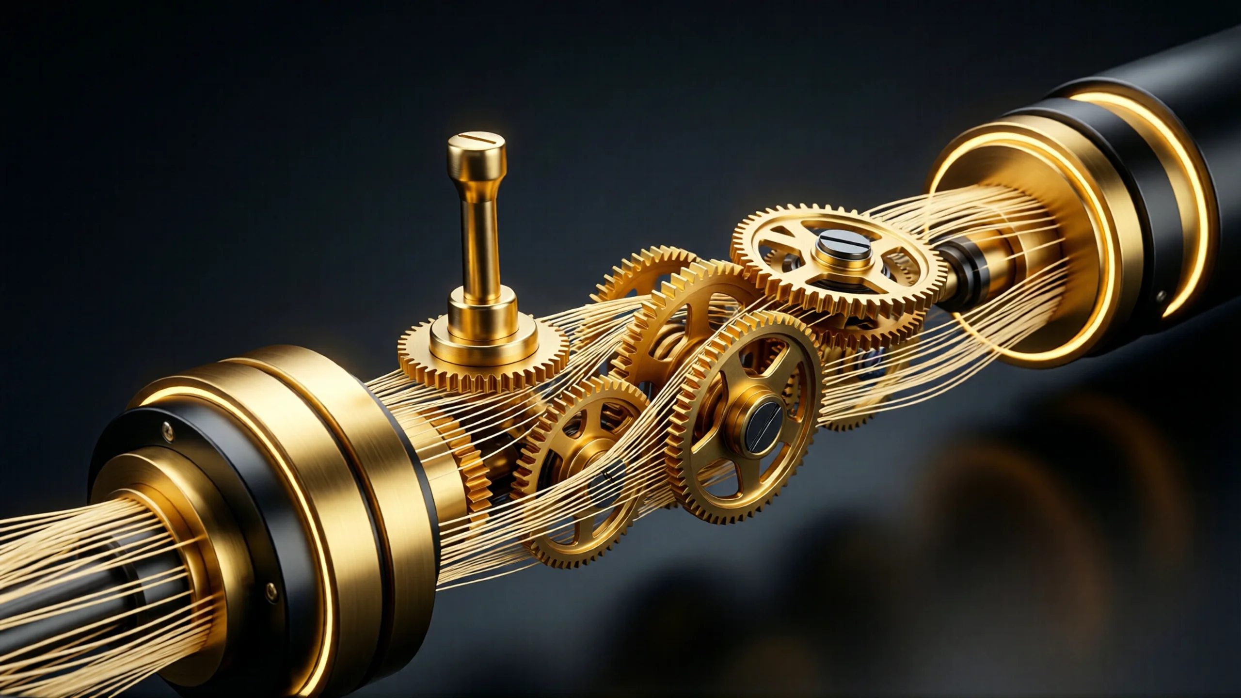 Elegant golden gears and light-threads self-adjusting with no hands, representing effortless managed operation