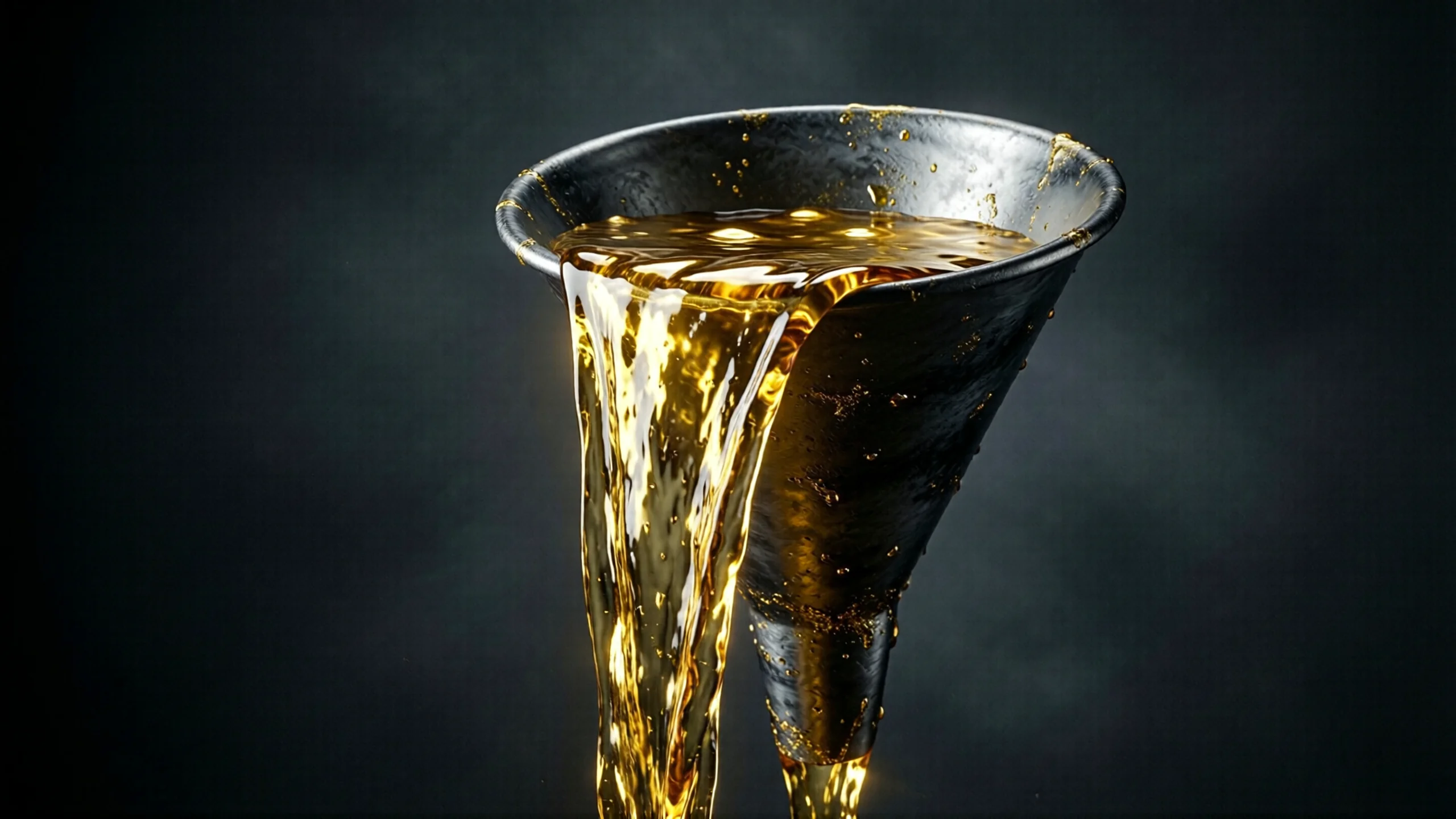 Abstract render of heavy golden light draining slowly through a narrow dark funnel, representing wasted site speed