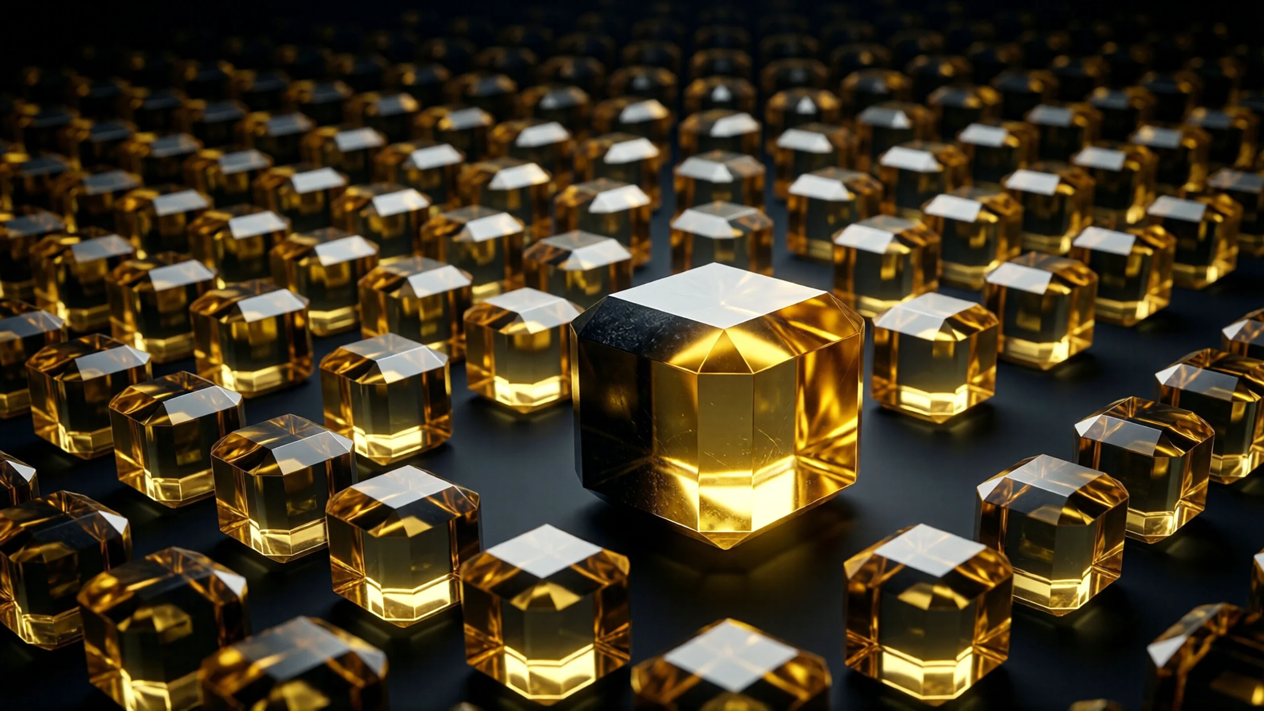 A dark cube refining into a golden crystal, multiplying into a grid of crystals, representing optimize-once-serve-forever