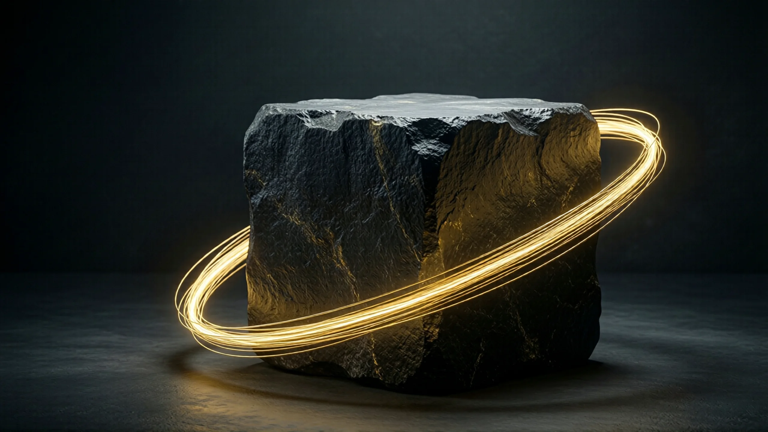 A heavy dark monolith anchored in place, a single thin gold thread rerouting cleanly around it — friction avoided